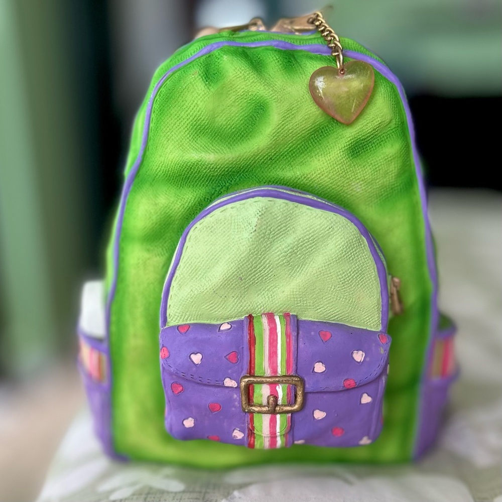 Handmade Vibrant Green & Purple Rustic 3D Textured Backpack Bag Piggy Bank - Picture 9 of 11